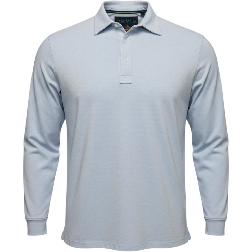 Orvis Mens XL Pima Cotton Drytex Long Sleeve Polo Shirt Light Blue Stretch